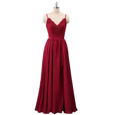 China 2021 red V neck A line chiffon floor length bridesmaid dresses for sale