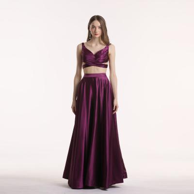 China Two piece sexy backless silky satin flowy cheap customized new design bridesmaid dress purple for sale