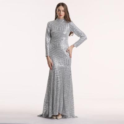 China Silver sequin long sleeves high neck muslim wedding guest dresses for wedding party brides maid dresses for sale