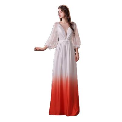 China China supplier cheap prices elegant deep v neck long satin puffy sleeve chiffon customized bridesmaid dress for sale