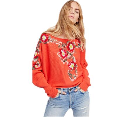 China 2022 Breathable Ready To Ship Women Summer Autumn Flower Embroidered Cropped Fashion Sweater Top for sale