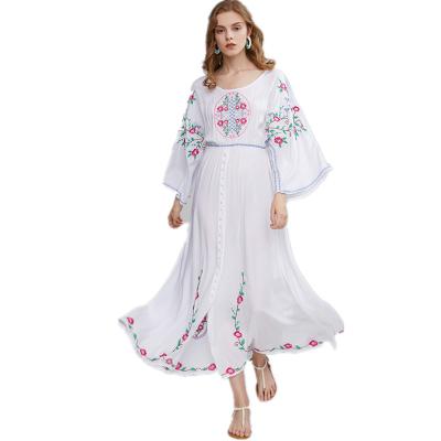 China 2022 Breathable Ready To Ship Women Summer Half Sleeve Flare Sleeve Embroidery Maxi Long Dress Vacation Beach Bohemian Oversized Sundress for sale