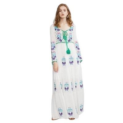 China 2022 Breathable Ready to Ship Women Summer Flare Oversized Sundress Bohemian Boho Beach Holiday Maxi Long Dress Long Sleeve Embroidery for sale