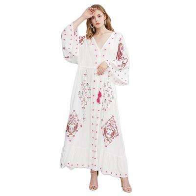 China 2022 Breathable Ready to Ship Women Summer Flare Oversized Sundress Bohemian Boho Beach Holiday Maxi Long Dress Long Sleeve Embroidery for sale