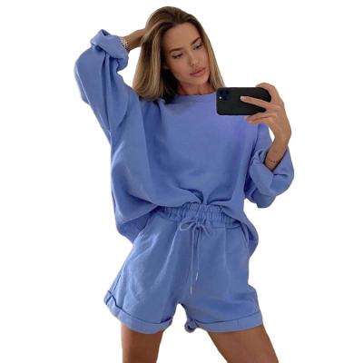 China 2021 Sale Fashion Breathable Sweatshirt Big Round Neck Shorts Custom Made Two Pieces Women Tracksuit Set for sale