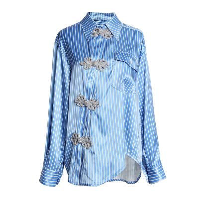 China 2022 New Spring Women's Retro Striped Slanted Asymmetrical Disc Button Shirt Shirt Breathable Tops for sale