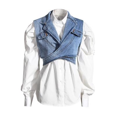 China Anti-Wrinkle Women 2022 Spring Denim Vest Two Piece Puff Sleeve White Shirt for sale