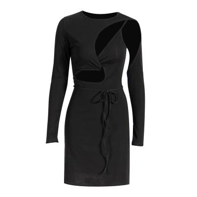 China 2022 new spring washable women's knitted dress with hollow three-dimensional sexy waist slit thin black skirt for sale