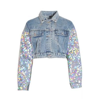 China 2022 Fashionable Women Fashion Anti-wrinkle Spring Sequins Denim Jackets Custom Crop Coats Blue Women Shorts Denim Gear Cotton Coat Jacket for sale