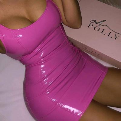 China 2022 Summer Women's Bodycon PU Leather Dress Pink Zipper Sexy Elastic Back Sleeveless Anti-Static Mini Dress Party Club Dresses for sale