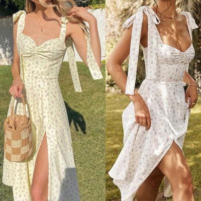 China Spring Summer Fashion Anti-Static Floral Dress Women's Sexy Casual Sundress Midi Slip Pleated Backless White Yellow Lace-up Flowers Slit Backless for sale