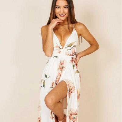 China Breathable Sexy Floral Print Lace Up V-Neckline Spaghetti Strap Split Maxi Dress for sale