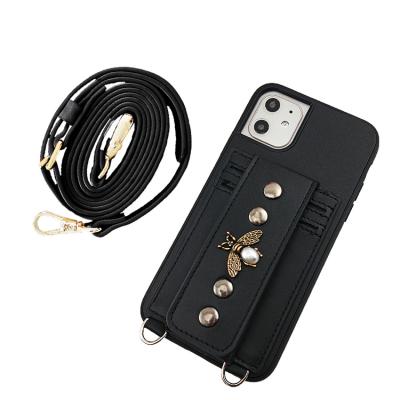 China Shockproof For iPhone 13 Classic Grip Genuine Leather Cell Phone Case With Adjustable Strap Phone Cover With Card Slot for sale