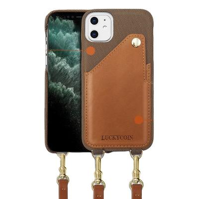 China Shockproof Full Wrapped Cross - Body Collar Genuine Leather and Fabric Cell Phone Back Covers Shoulder Strap Card Slots for iPhone for sale