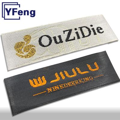 China Washable Garment Accessories Design Name LOGO Adhesive Cloth Soft Hand Wash Care Woven Satin Cotton Damask Label for sale