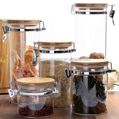 China Hot Selling Clear Kitchen Amazon Borosilicate Glass Food Storage Jar Canister Canister Container With Flange Airtight Locking Bamboo Lid for sale