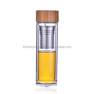 China Double Wall Borosilicate Viable Glass Lid Bamboo Water Bottle With Infuser And Strainer 350ml/450ML/500ml Honey Bottle for sale