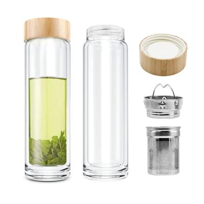 China Borosilicate Glass Viable Unbreakable Clear Water Bottle With Container Glass Bottle 500ML Tea Lid Infuser Wooden/Bamboo Tea Water for sale