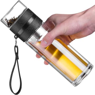 China Sustainable 13oz Double Wall Glass Water Bottle Tea Bottle Cup and Water Separation Tea Cup with Tea Infuser for sale