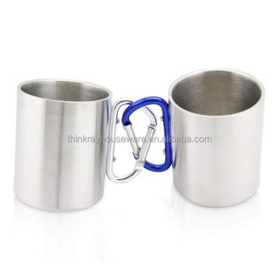 China 220ml/300ml Travel Stainless Steel Coffee Cup Carabiner Viable Outdoor Camping Portable Double Wall Mug With Handle for sale