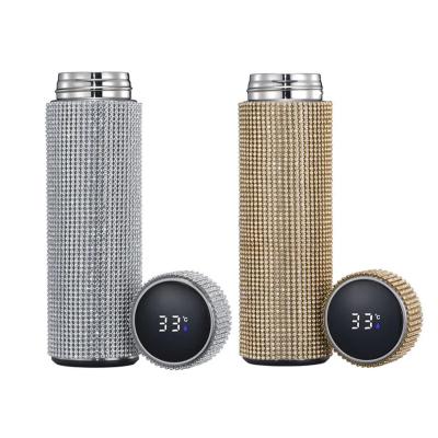 China 2021 PORTABLE Luxury Led Temperature Display Metal Insulated Smart Bling Diamond Thermo Rhinestone Tumbler Thermo Water Bottle for sale