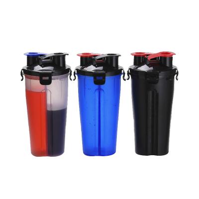 China Amazon Threat 700ml Viable Hot Selling Shaker Bottle Protein Mixer Water Double Cup With Double Storage Compartment Free Sample for sale