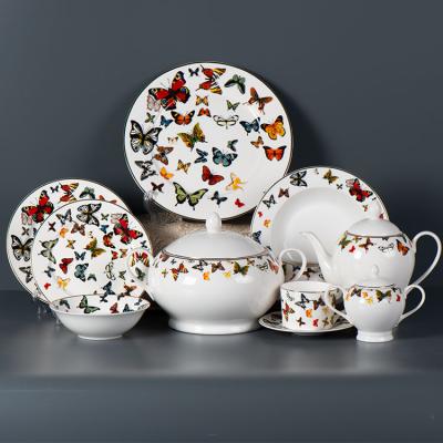 China Sustainable Fashion Garden Butterfly Pattern Ceramic Dishes European Luxury Dishes With Gold Edge for sale