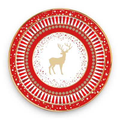 China Wholesale Stocked Viable Christmas Deer Color Print Restaurant Hotel Party Wedding Round Ceramic Dinner Charger Dish Set for sale