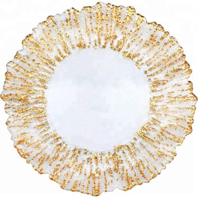 China Viable Hot Selling Reef Gold Color Wedding Charger Cheap Bulk Glass Dishes Wholesale for sale