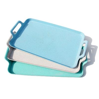 China Wholesale Rectangular Fancy Straw Plastic Wheat Food Serving Tray With Handles 43*25cm for sale