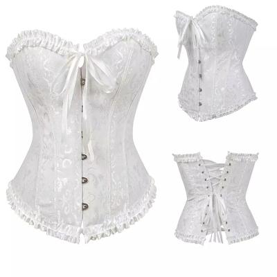 China Xushen Breathable Corset Pour Overbust Satin Overbust Body Shaper Bustier Floral Steel Boned Corset Lace Up Top Vintage Corset Women Corset Women for sale