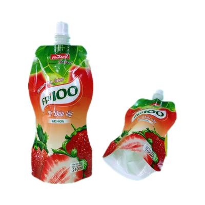 China Reusable Premium Liquid Barrier Food Holder Up Packaging Spout Plastic Drinking Pouches Fruit Fruit Juice Shape Bags for sale