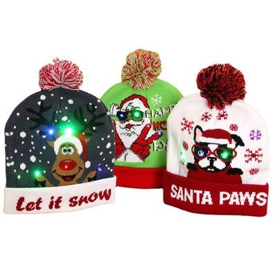 China Knitted Fabric Christmas Strong Elastic Knitted Hat For Adults And Kids With LED Light Santa Hat for sale