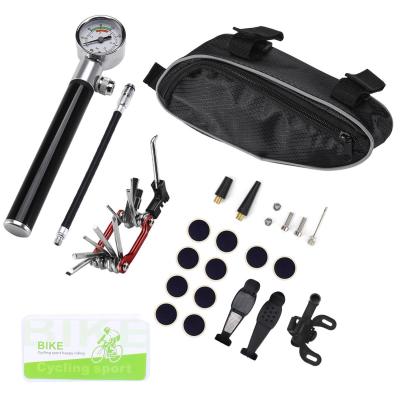 China Portable Bike Tire Repair Tool Kit with Mini Gauge Hand Pump, Including 210PSI Bicycle Compressor Fit Schrader Presta 16 in 1 Bicycle Multi for sale