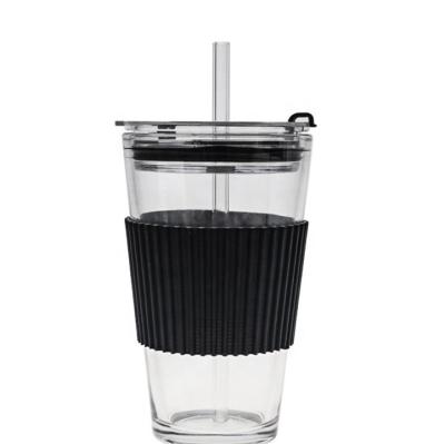 China Sustainable Portable Glass Straw Cup With Plastic Lid Anti-scald Glass Cup Ring Milk Coffee Tumbler for sale