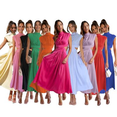 China Fashion Breathable Women's New Arrival 2023 Sleeveless High Neck Hollow Out Dress Solid Color Summer Casual Dress for sale