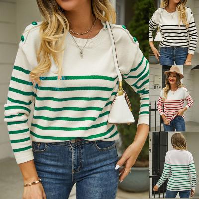 China 2023 New Design Women Anti-Wrinkle Striped Sweater With Crew Neck Buttons Yarn Color Neutral Knitwear Long Sleeve Soft Sweater for sale