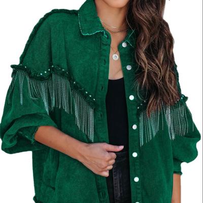 China high quality women's Anti-wrinkle rhinestone fringe fringe casual jacket custom long sleeve jeans jacket women for sale