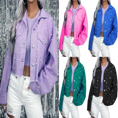 China Anti-wrinkle hot sale custom women beaded denim jacket beaded loose jackets and casual denim coat for sale