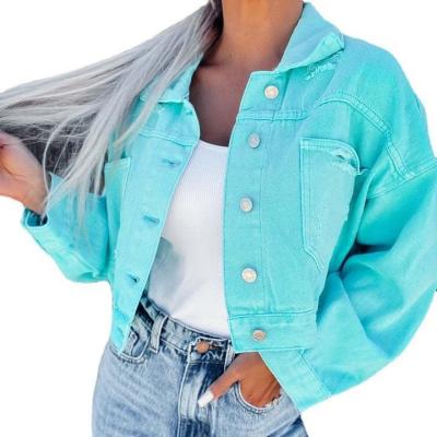 China Anti-wrinkle factory price women rhinestone fringe back denim distressed cropped top Jean Jacket Button Down Shacket for women for sale