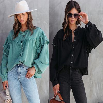 China 2023 New Design Anti-Wrinkle Fashion Denim Puff Sleeves Blouse Tops Casual Button Down Fashion Women's Blouses Shirts for sale