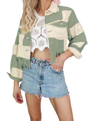 China Anti-wrinkle New Arrival Women's Sweet Girls Patchwork Fringe Trim Colorblock Denim Jacket Two Tone Crop Tops for sale