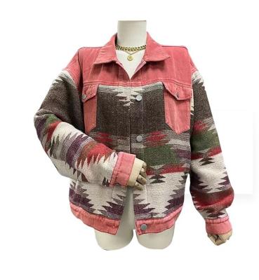 China Western Aztec Geometric Denim High Quality Block Spring Coat Lapel Button Anti-wrinkle 2023 Pattern Shacket Fleece Jacket Women Shackets for sale