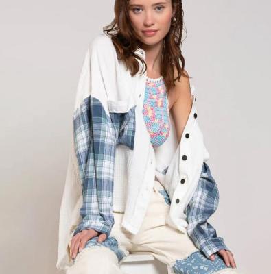 China New Casual Anti-wrinkle Waffle Plaid Shacket Jacket Women Over Waist Waffle Patched Women Jacket for sale