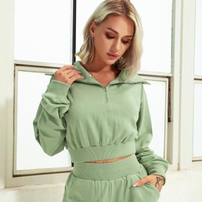 China Anti-Wrinkle Ladies Sweatshirt Waist Pants Two Piece Top Sweatshirt Hoodie Zipper Set Tops Casual Crop Jogging Suit Sportswear for sale