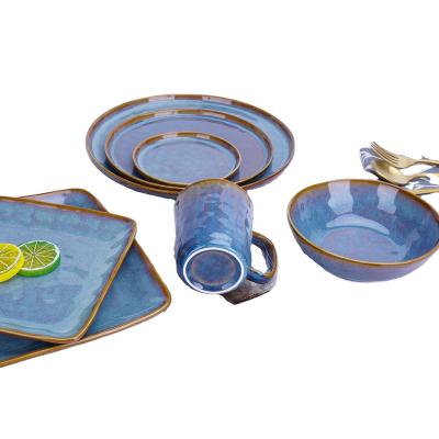 China Western Hot Selling Stock Restaurant Hotel Round Tableware Ceramic Porcelain Blue Dinnerware Set for sale