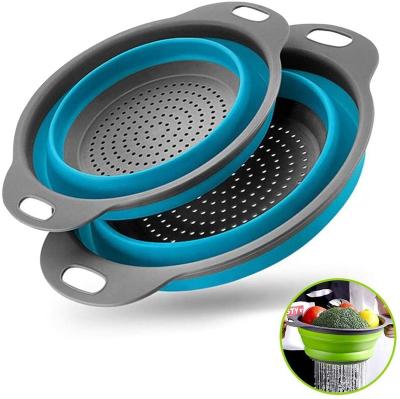 China Sustainable Basket Collapsible Colander Set Round Silicone 2 Kitchen Strainer Set For Draining Vegetable Pasta Fruit With Handle for sale