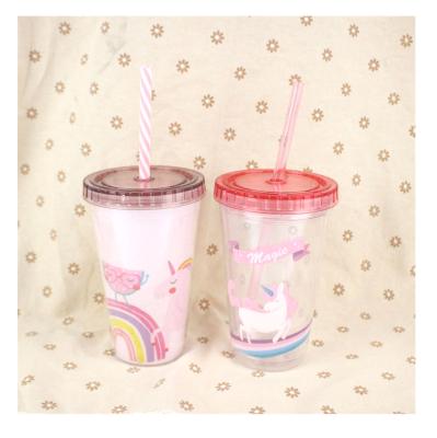 China DOUBLE WALL 6044 Cold Beverage Juice Cup Double Straw 12oz Plastic Cup With Lid Tumbler With Straw Support Logo Custom for sale