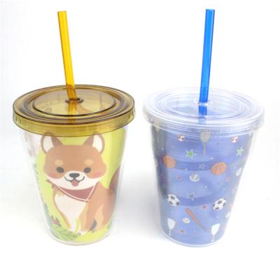 China Hot Selling Double Wall 12oz Double Layer Straw Plastic Cup With Lid Glitter Glitter Insert Flat Paper Personalized Gift Custom Tumbler for sale