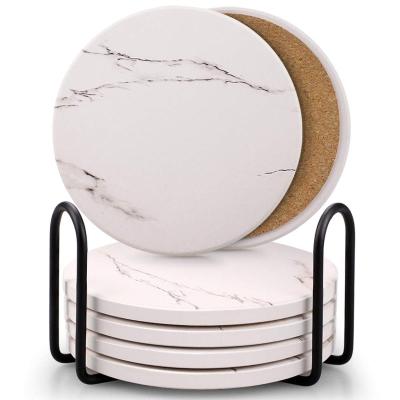 China Modern Absorbent Ceramic Stone Round Cup Coasters Set With Metal Stand Cork Base Marble Surface Pattern for sale